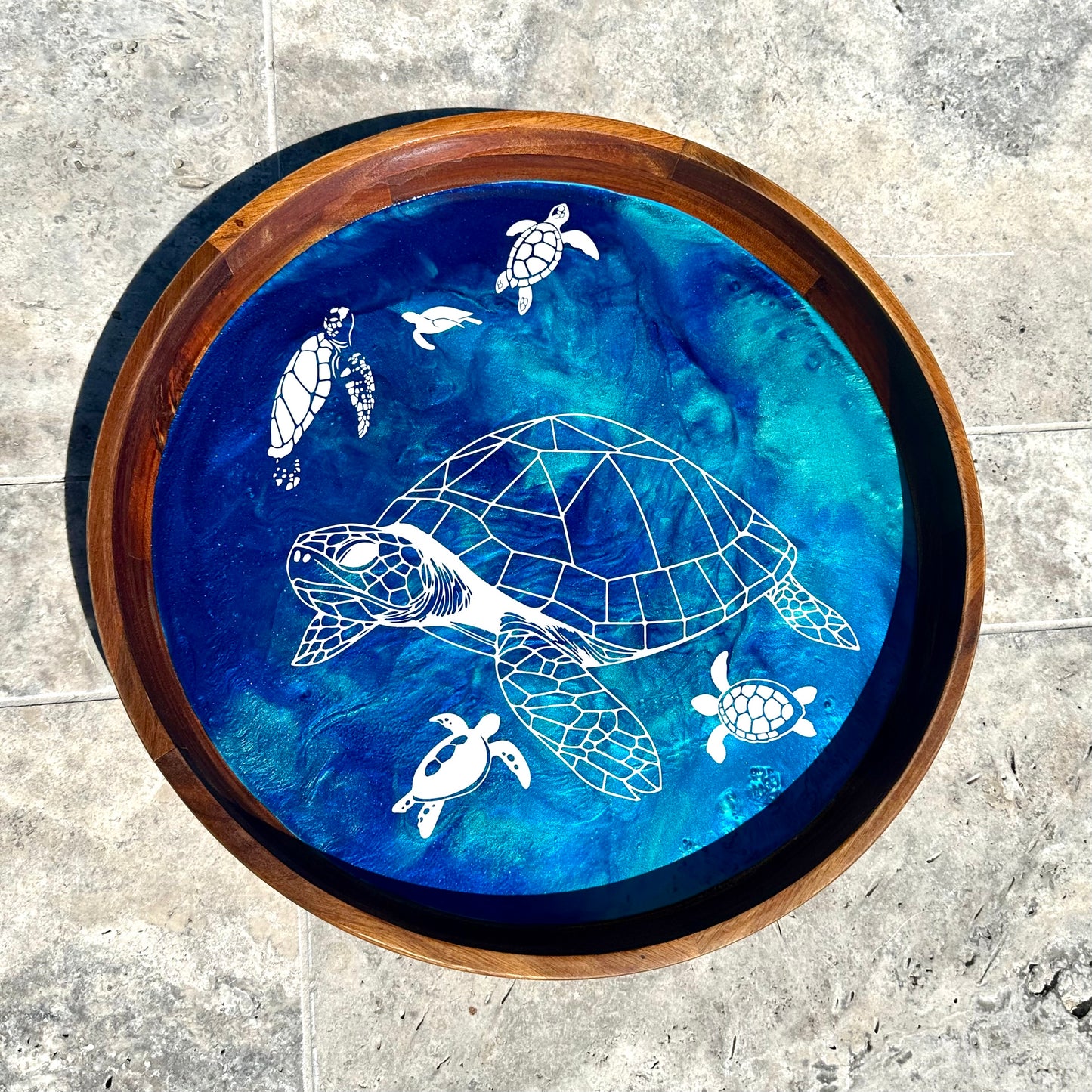Sea Turtle Acacia Wood Serving Tray | Round Resin Tray