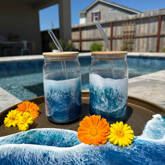 Glass with bamboo lid & straw | Ocean Blue