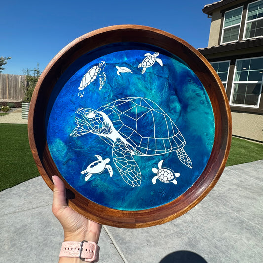 Sea Turtle Acacia Wood Serving Tray | Round Resin Tray