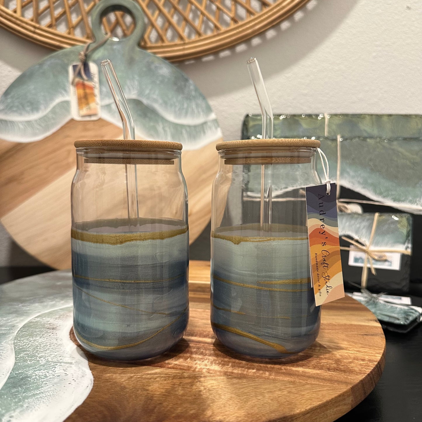 Glass with bamboo lid & straw | Seafoam