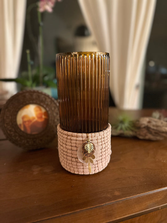 Basketry Vase | Fluted Amber Glass & Pink (Tall)