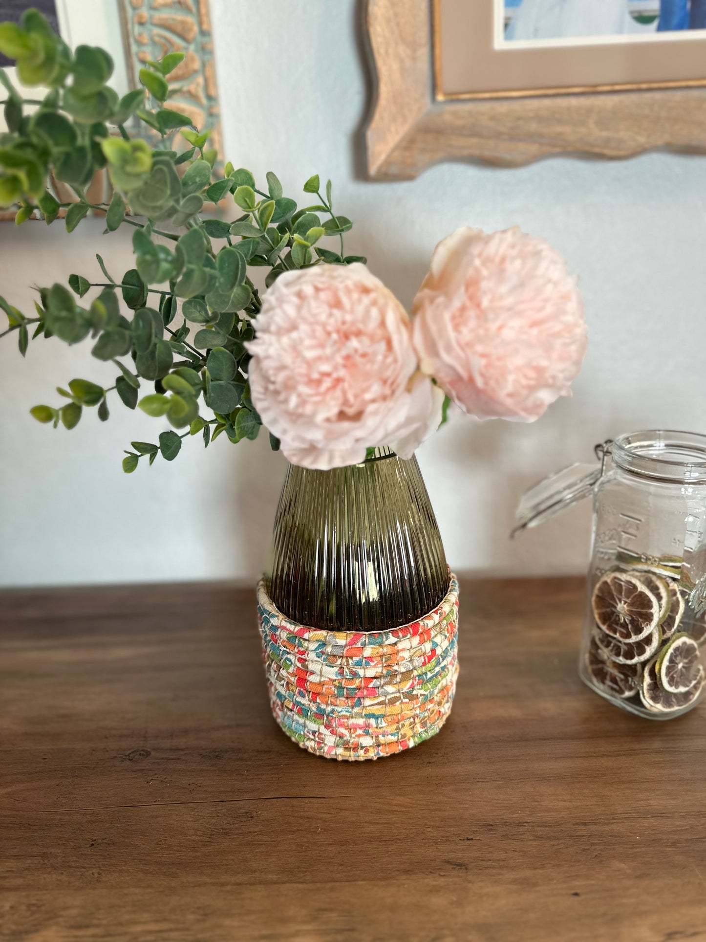 Basketry Vase | Fluted green glass & Multi (Medium)