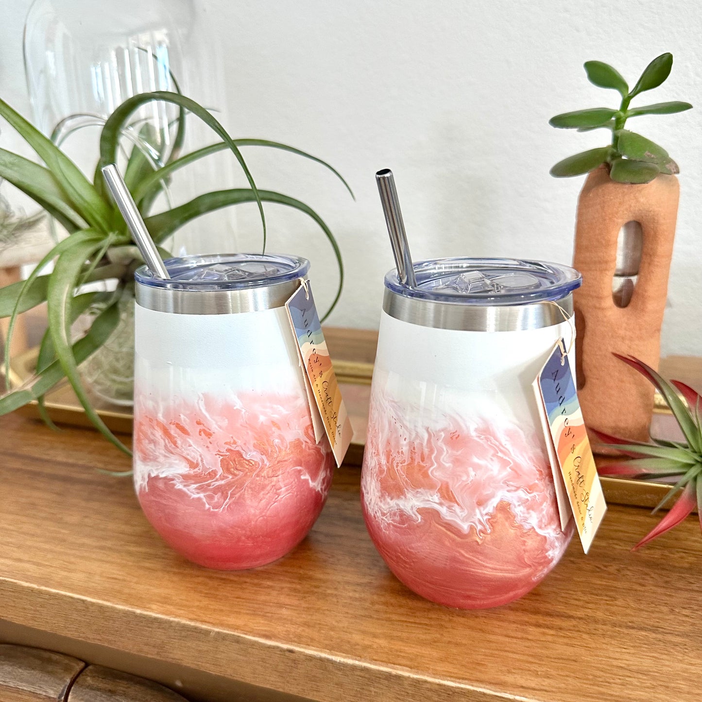 Insulated Wine tumbler - Peach Gold & Coral