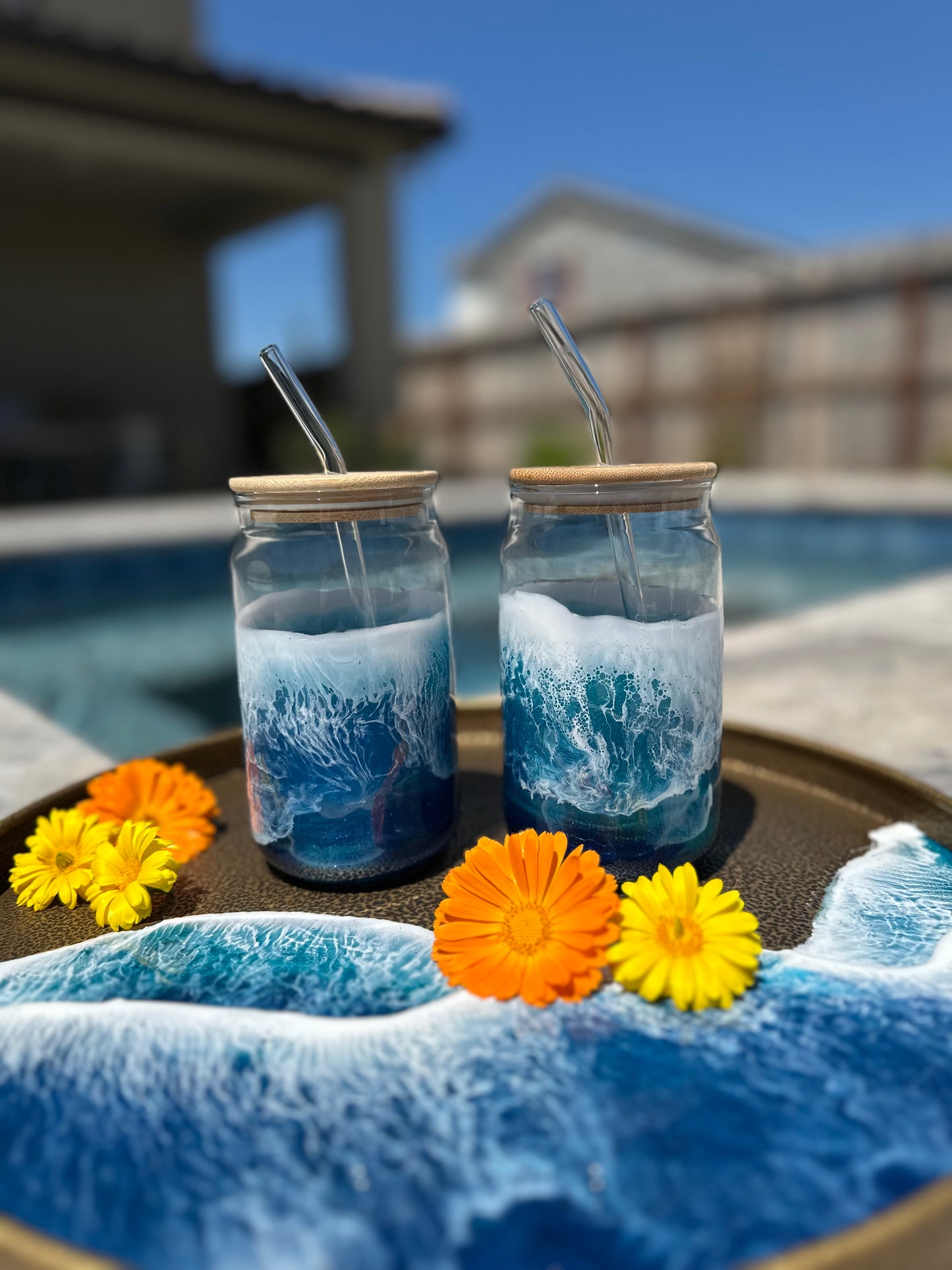Glass with bamboo lid & straw | Ocean Blue