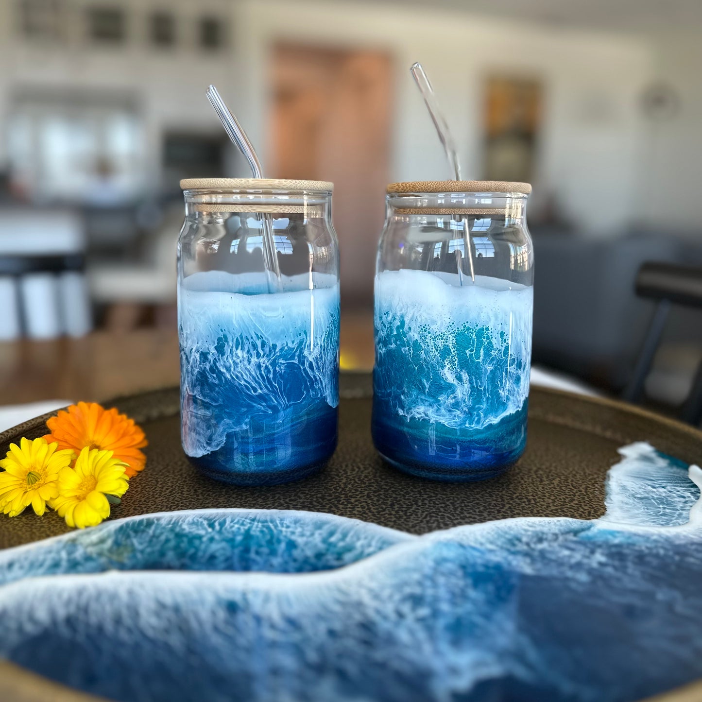 Glass with bamboo lid & straw | Ocean Blue